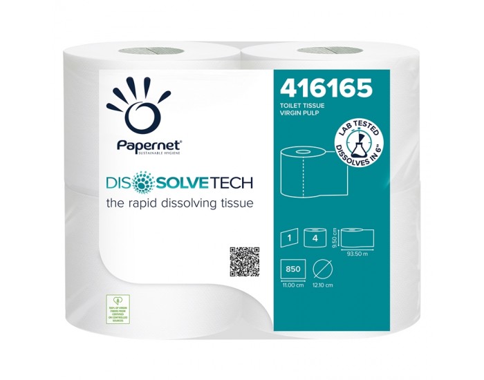 Papernet Тоалетна хартия, Dissolvetech, целулоза, еднопластова, 850 къса, 4 броя