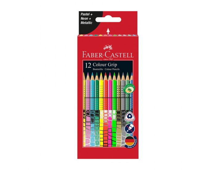 Faber-Castell Акварелни моливи Grip, 12 пастелни, неонови и металикови цвята