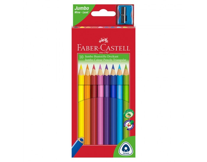 Faber-Castell Цветни моливи Triangular Jumbo, 10 цвята, с включена острилка