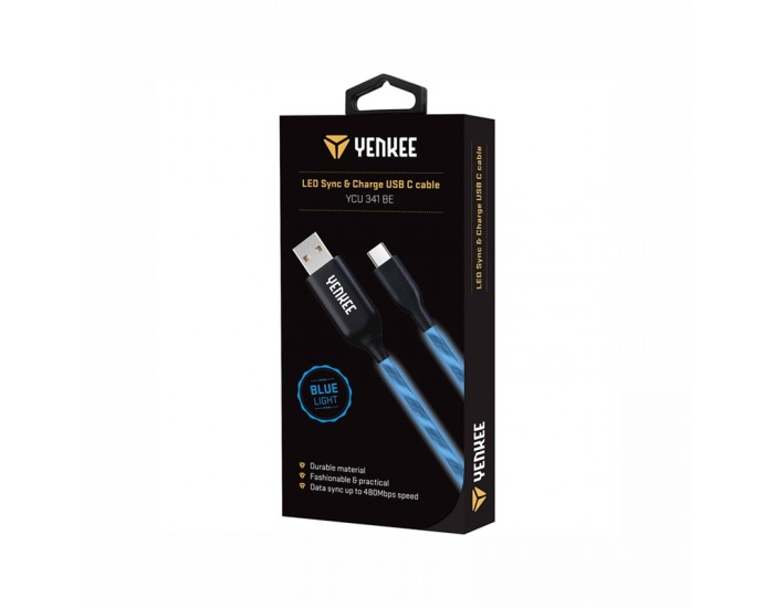 Yenkee Кабел 341 BE, USB Male към USB-C Male, LED, 2 m, син