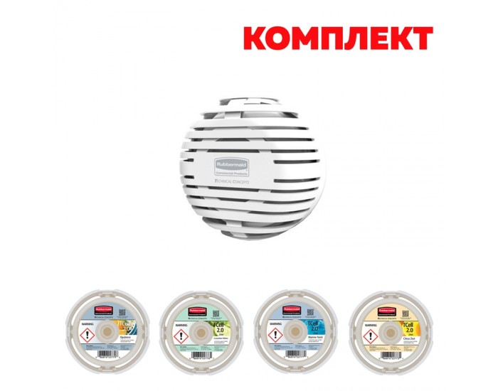 Rubbermaid Диспенсър за ароматизатор TCell 2.0, бял, с включени 4 пълнителя Marine Fresh