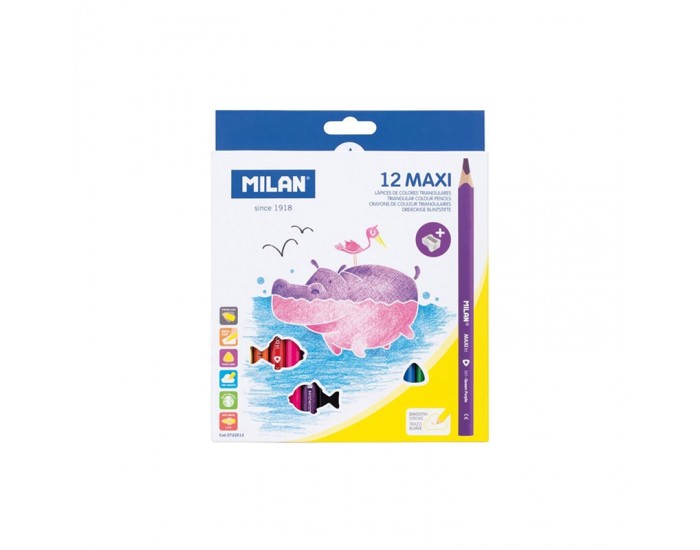 Milan Цветни моливи Maxi Tri, 5 mm, 12 цвята, с включена острилка