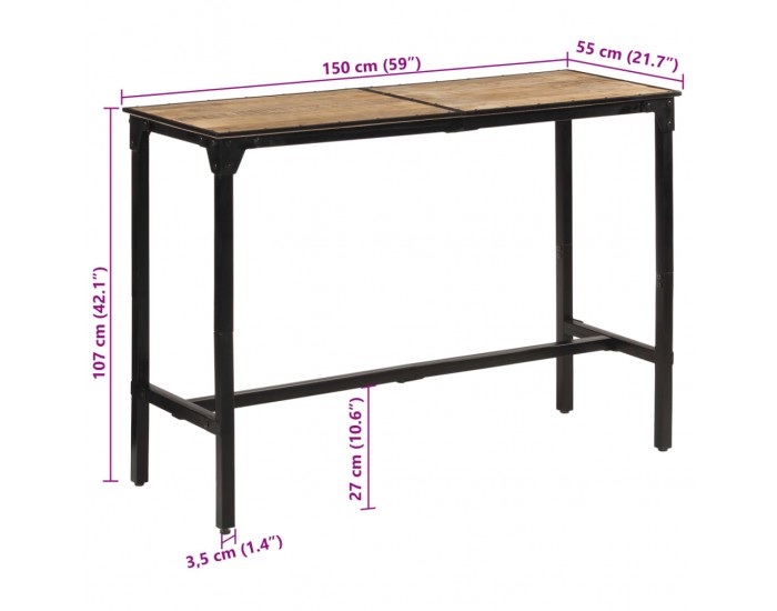 Sonata H Бар маса 150x55x107 см масивно грубо мангово дърво