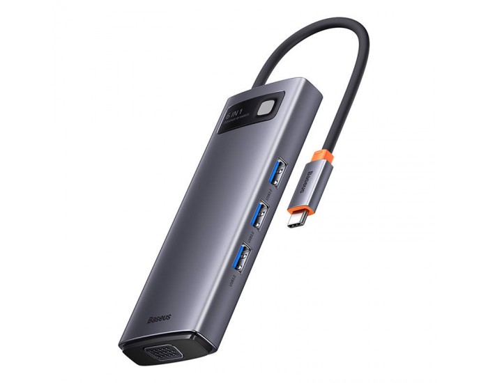 Хъб Baseus Metal Gleam Series 6в1 USB Type C към 3x USB 3.0 + HDMI + USB-C PD + VGA WKWG030013 - сив