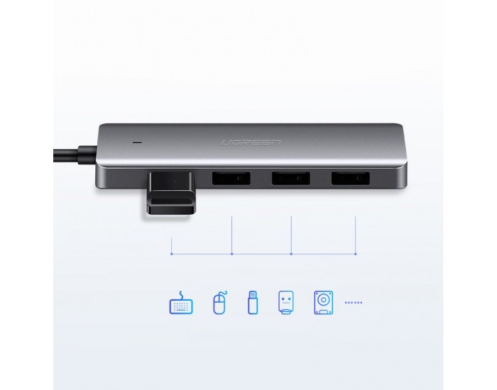 Мултифункционален USB хъб Ugreen 4 в 1 USB Type C - 4 x USB 3.2 с USB-C захранващ порт (CM219 70336) - сив