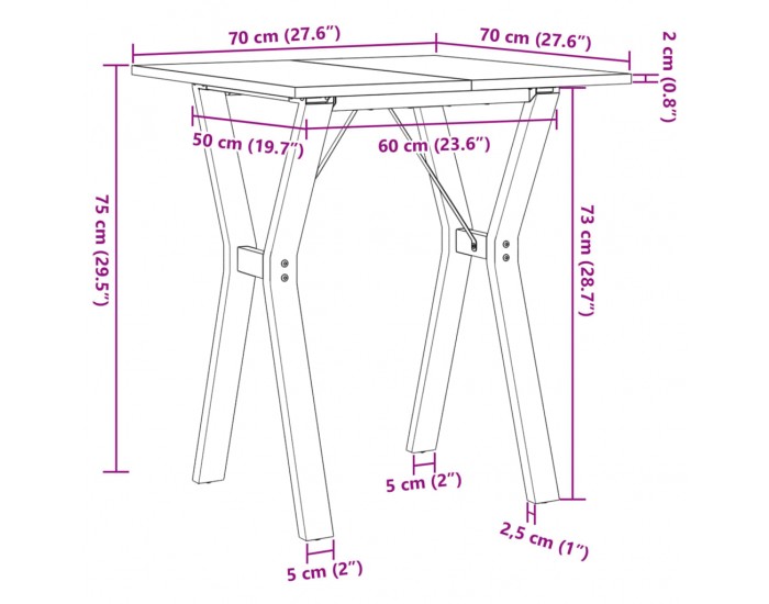 Sonata H Трапезна маса Y-образна рамка 70x70x75 см бор масив и чугун