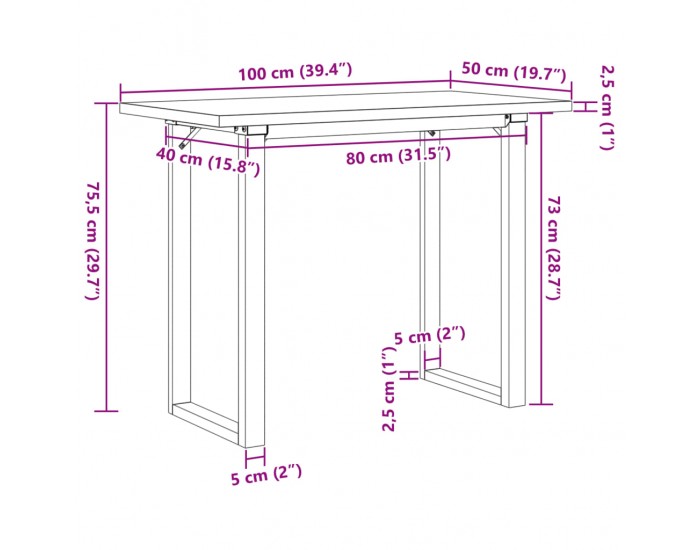 Sonata H Трапезна маса О-образна рамка 100x50x75,5 см бор масив и чугун