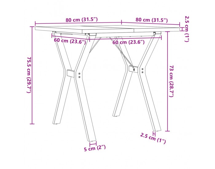Sonata H Трапезна маса Y-образна рамка 80x80x75,5 см бор масив и чугун