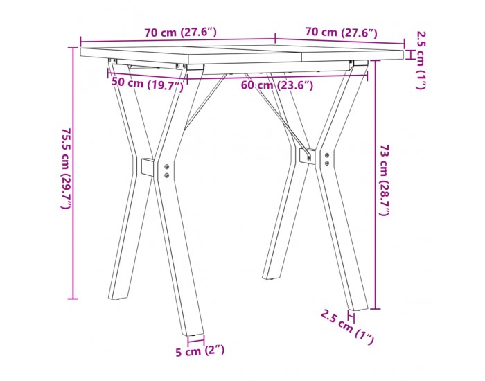 Sonata H Трапезна маса Y-образна рамка 70x70x75,5 см бор масив и чугун