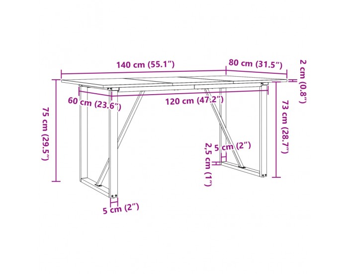 Sonata H Трапезна маса О-образна рамка 140x80x75 см бор масив и чугун