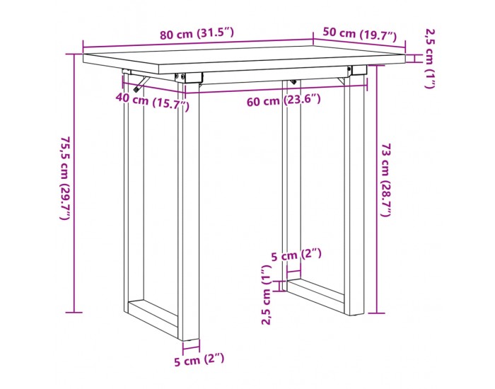 Sonata H Трапезна маса О-образна рамка 80x50x75,5 см бор масив и чугун