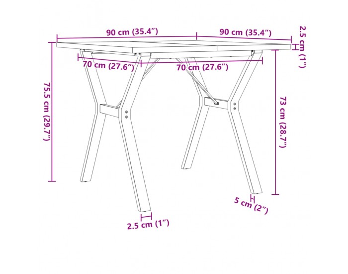 Sonata H Трапезна маса Y-образна рамка 90x90x75,5 см бор масив и чугун