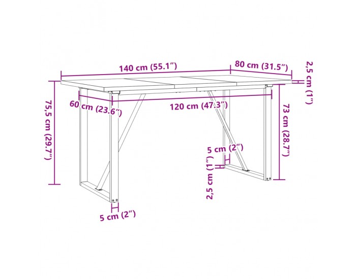 Sonata H Трапезна маса О-образна рамка 140x80x75,5 см бор масив и чугун