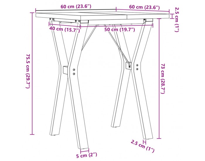 Sonata H Трапезна маса Y-образна рамка 60x60x75,5 см бор масив и чугун