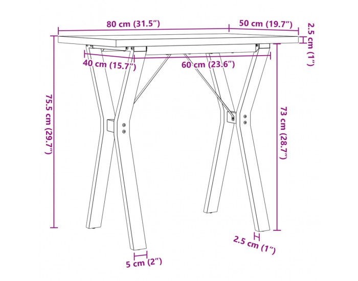 Sonata H Трапезна маса Y-образна рамка 80x50x75,5 см бор масив и чугун