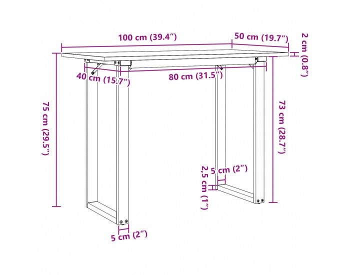 Sonata H Трапезна маса О-образна рамка 100x50x75 см бор масив и чугун