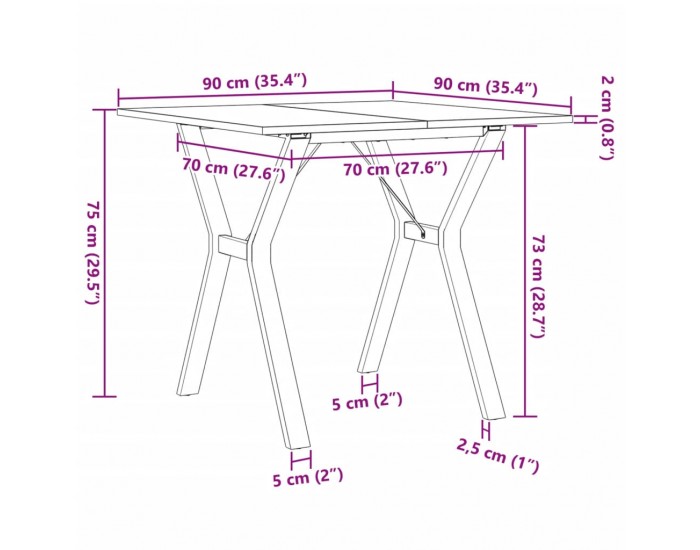 Sonata H Трапезна маса Y-образна рамка 90x90x75 см бор масив и чугун