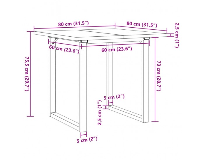 Sonata H Трапезна маса О-образна рамка 80x80x75,5 см бор масив и чугун