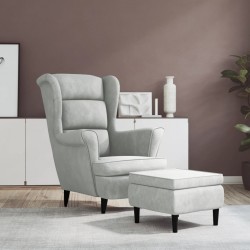 Sonata H Фотьойл Wingback с табуретка, светлосиво, кадифе - Фотьойли