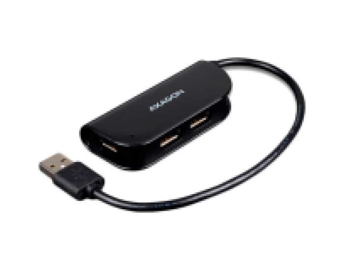 Handy four-port USB 2.0 hub with a permanently connected USB cable. Black.