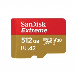 SanDisk Extreme microSDXC 512GB + SD Adapter + 1 year RescuePRO Deluxe up to 190MB/s & 130MB/s Read/Write speeds A2 C10 V30 UHS-I U3; EAN:619659189648 - USB Хъбове, Четци и Флашки