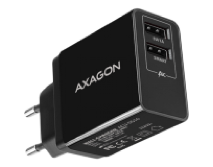 Axagon Dual wall charger <240V / 2x port 5V-2.2A + 5V-1A. 16W total power.