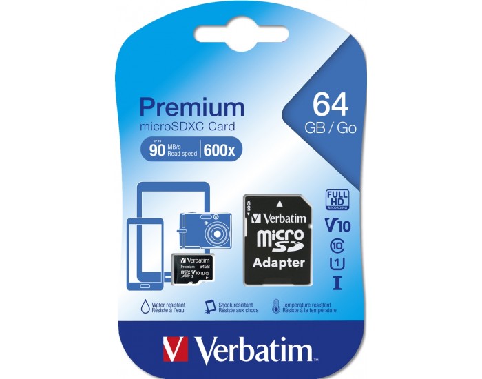 Памет Verbatim micro SDXC 64GB Class 10 (Incl. Adaptor)