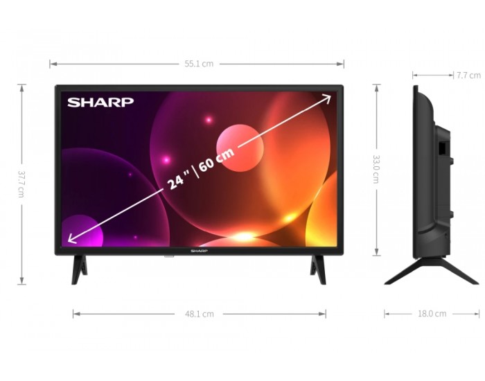 Телевизор Sharp 24FA2E, 24" LED HD 1366x768, 100 000:1, DVB-T/T2/C/S/S2, Active Motion 100, Speaker 2x3W, Dolby Digital, CI+, 3xHDMI, 2xUSB, Bluetooth, LAN, Video/Audio input (3 x RCA), 2 pole Stand