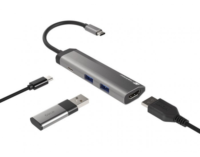 Докинг станция Natec Fowler Multiport Adapter 4 in 1, 2xUSB 3.0 HUB, HDMI 4K, USB-C PD, Slim