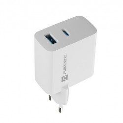 Адаптер Natec USB Charger Ribera Gan 1X USB-A + 1X USB-C 65W, White - Natec