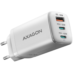 AXAGON ACU-DPQ65W GaN Wall charger, 3x port (USB + dual USB-C), PD3.0/QC4+/PPS/Apple, 65W, white - Офис