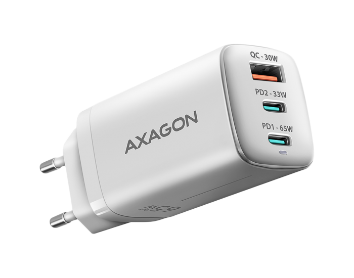 AXAGON ACU-DPQ65W GaN Wall charger, 3x port (USB + dual USB-C), PD3.0/QC4+/PPS/Apple, 65W, white