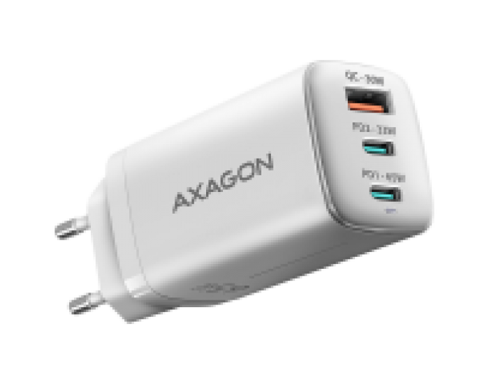 AXAGON ACU-DPQ65W GaN Wall charger, 3x port (USB + dual USB-C), PD3.0/QC4+/PPS/Apple, 65W, white