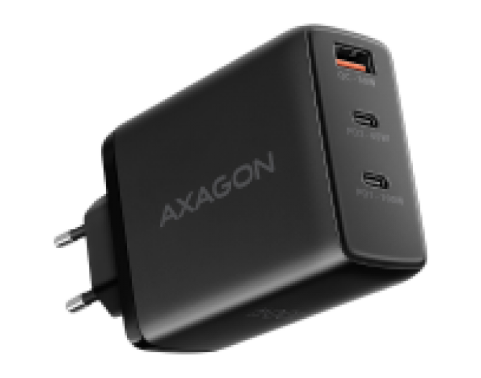 AXAGON ACU-DPQ100 GaN Wall charger, 3x port (USB + dual USB-C), PD3.0/QC4+/PPS/Apple, 100W, black