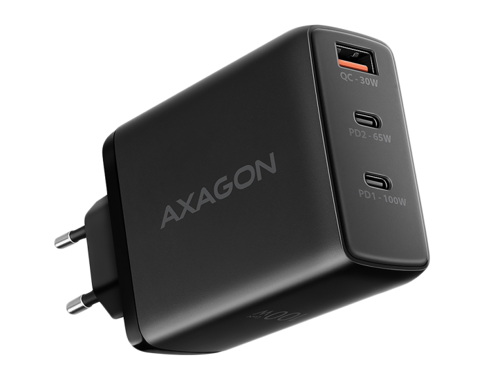 AXAGON ACU-DPQ100 GaN Wall charger, 3x port (USB + dual USB-C), PD3.0/QC4+/PPS/Apple, 100W, black