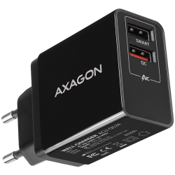 Dual wallcharger <240V / 2x USB port QC3.0/AFC/FCP + 5V-1.2A. 24W total power. - Axagon