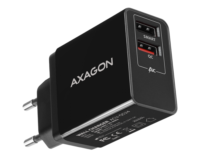 Dual wallcharger <240V / 2x USB port QC3.0/AFC/FCP + 5V-1.2A. 24W total power.