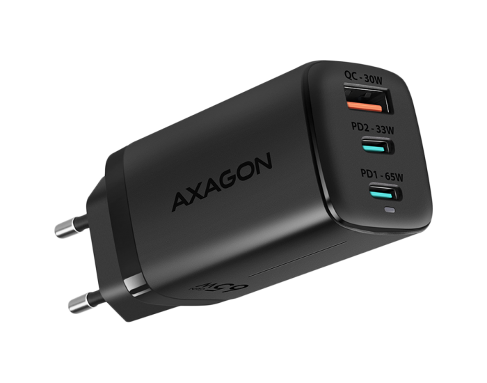 Axagon GaN wallcharger <240V / 3x port (USB + dual USB-C), PD3.0/QC4+/PPS/Apple. 65W total power.