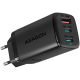 Axagon GaN wallcharger <240V / 3x port (USB + dual USB-C), PD3.0/QC4+/PPS/Apple. 65W total power.