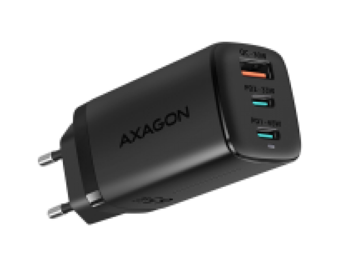 Axagon GaN wallcharger <240V / 3x port (USB + dual USB-C), PD3.0/QC4+/PPS/Apple. 65W total power.