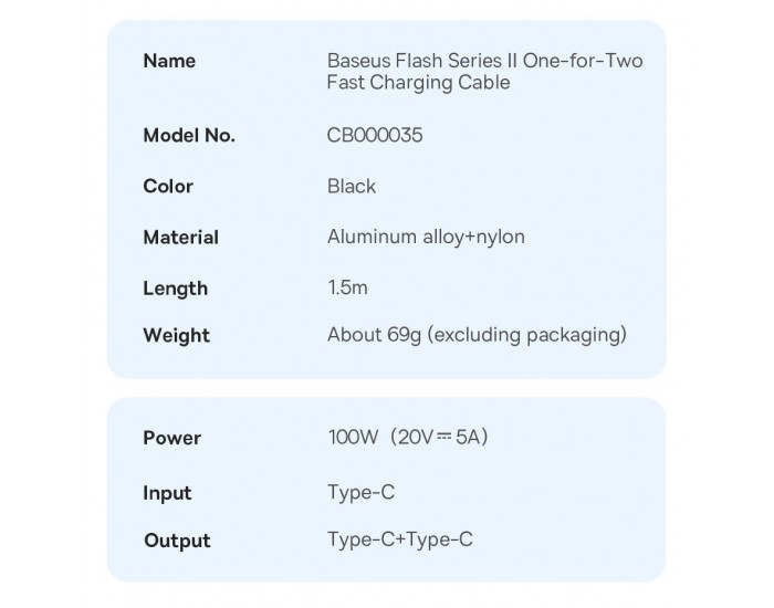 Кабел Baseus Flash Series Ⅱ Fast Charging 2 в 1 USB-C - 2xUSB-C 100W 1.5м CASS060001 - черен