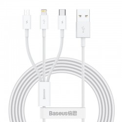 Кабел Baseus Superior 3 в 1 USB-А към Lightning, microUSB и USB-C, 1.5м, бял - Baseus