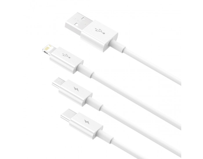 Кабел Baseus Superior 3 в 1 USB-А към Lightning, microUSB и USB-C, 1.5м, бял