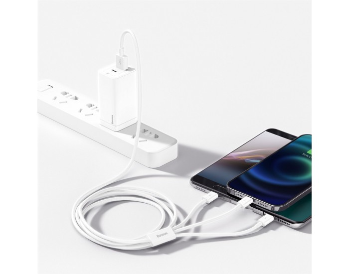 Кабел Baseus Superior 3 в 1 USB-А към Lightning, microUSB и USB-C, 1.5м, бял