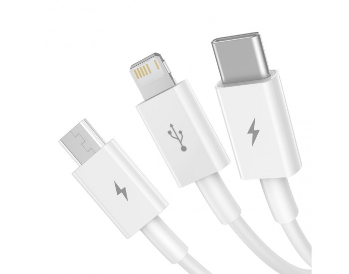 Кабел Baseus Superior 3 в 1 USB-А към Lightning, microUSB и USB-C, 1.5м, бял