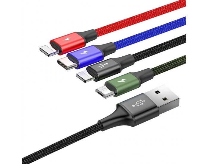 Кабел Baseus USB-A към с microUSB/2x Lightning/USB-C, 1.2м, черен CA1T4-A01