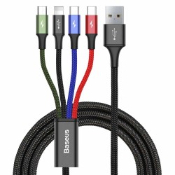 Кабел Baseus 4 в 1 USB-A към microUSB/Lightning/2xUSB Type-C, 3.5A, 1.2м, черен CA1T4-B01 - Разклонители, Зарядни и Кабели