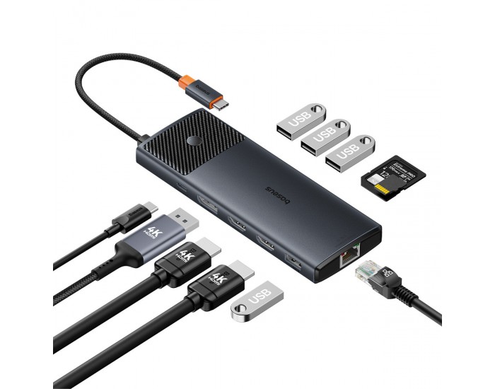 USB хъб Baseus Metal Gleam Series II 11-в-1 USB Type C към HDMI, DisplayPorts, USB-A x 2, USB-C PD, SD/TF B00061801123-00