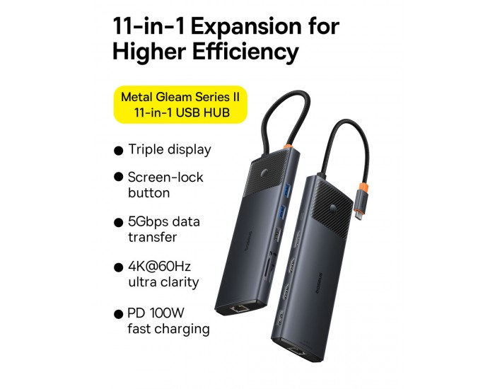 USB хъб Baseus Metal Gleam Series II 11-в-1 USB Type C към HDMI, DisplayPorts, USB-A x 2, USB-C PD, SD/TF B00061801123-00