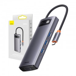 Хъб Baseus Metal Gleam Series 6в1 USB Type C към 3x USB 3.0 + HDMI + USB-C PD + VGA WKWG030013 - сив - Офис техника